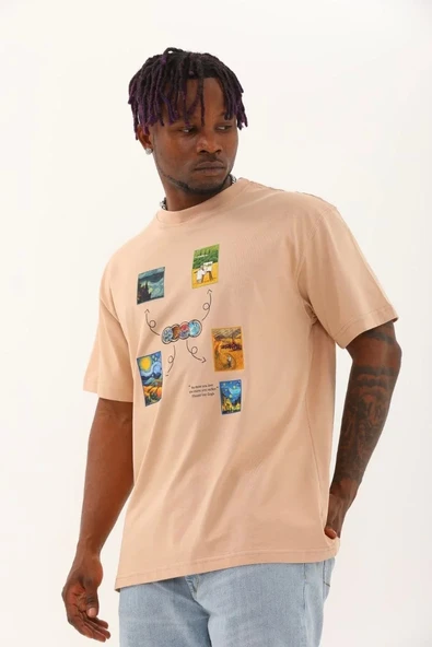 Unisex Oversize Baskılı Bisiklet Yaka T-Shirt - Bej ürün görseli 1