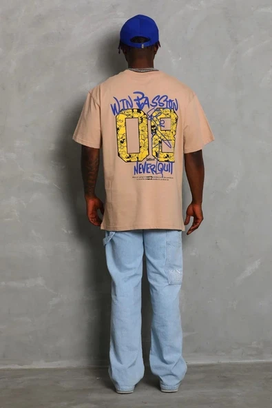 Unisex Oversize Baskılı Bisiklet Yaka T-Shirt - Bej - Resim 3