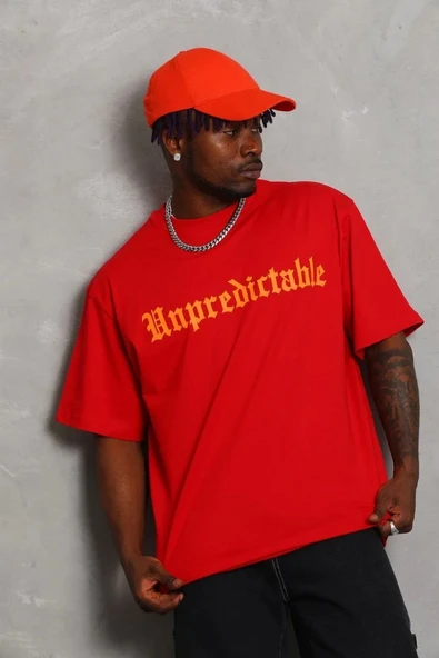 Unisex Oversize Baskılı Bisiklet Yaka T-Shirt - Kırmızı - Resim 3