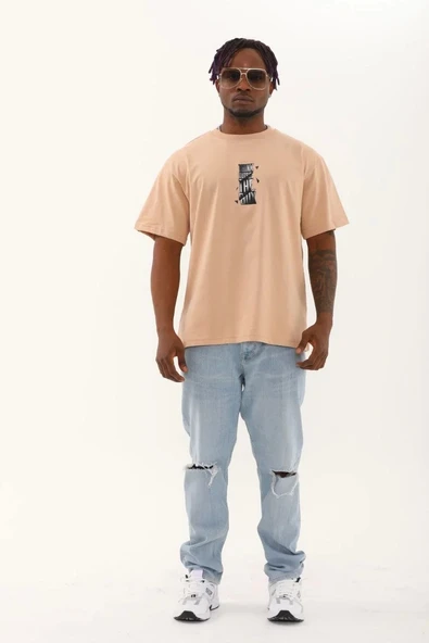 Unisex Oversize Baskılı Bisiklet Yaka T-Shirt - Bej - Resim 3