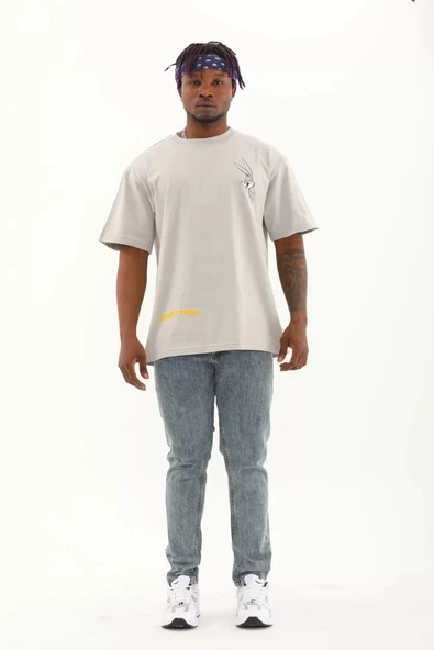 Unisex Oversize Baskılı Bisiklet Yaka T-Shirt - Gri - 4