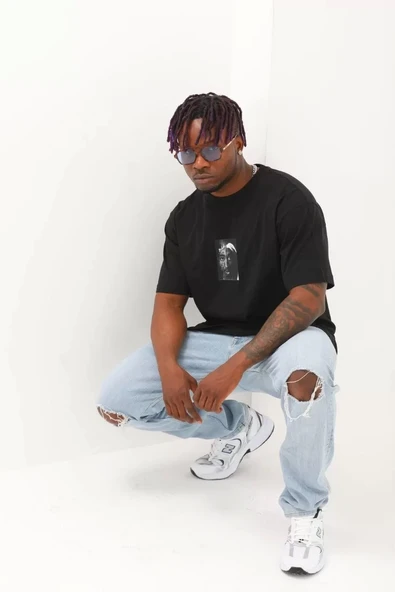 Unisex Oversize Baskılı Bisiklet Yaka T-Shirt - Siyah - Resim 3