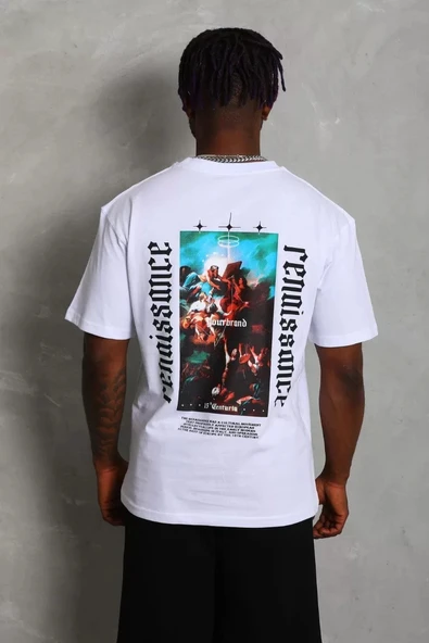 Unisex Oversize Baskılı Bisiklet Yaka T-Shirt - Beyaz - Resim 5