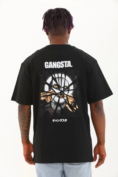 Unisex Oversize Baskılı Bisiklet Yaka T-Shirt - Siyah - Resim 4