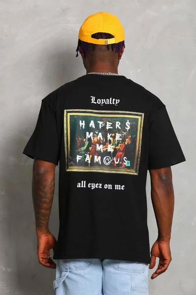 Unisex Oversize Baskılı Bisiklet Yaka T-Shirt - Siyah - Resim 5