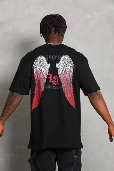 Unisex Oversize Baskılı Bisiklet Yaka T-Shirt - Siyah - Resim 5