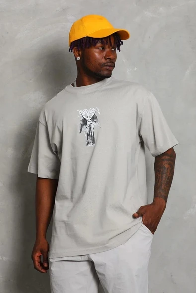 Unisex Oversize Baskılı Bisiklet Yaka T-Shirt - Gri ürün görseli 1