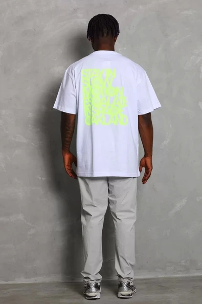 Unisex Oversize Baskılı Bisiklet Yaka T-Shirt - Beyaz - 4