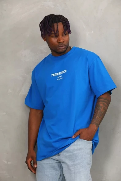 Unisex Oversize Baskılı Bisiklet Yaka T-Shirt - Mavi ürün görseli 1