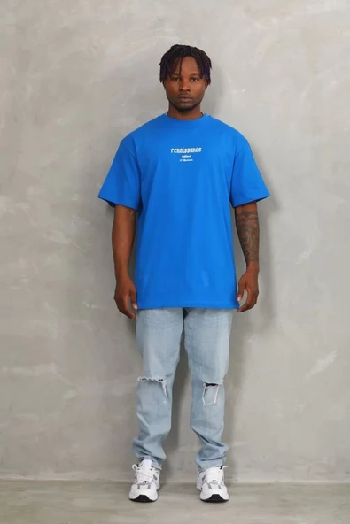 Unisex Oversize Baskılı Bisiklet Yaka T-Shirt - Mavi - Resim 4