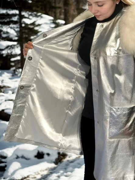 Kadın Kolsuz Hakiki Deri Kürk - Gri - 2