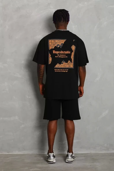 Unisex Oversize Baskılı Bisiklet Yaka T-Shirt - Siyah - Resim 3