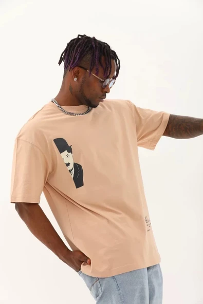 Unisex Oversize Baskılı Bisiklet Yaka T-Shirt - Bej - Resim 3