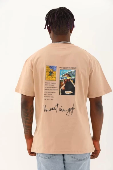 Unisex Oversize Baskılı Bisiklet Yaka T-Shirt - Bej - Resim 5