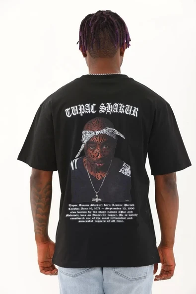 Unisex Oversize Baskılı Bisiklet Yaka T-Shirt - Siyah - Resim 5