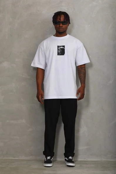 Unisex Oversize Baskılı Bisiklet Yaka T-Shirt - Beyaz - Resim 4