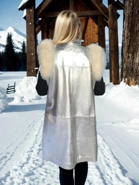 Kadın Kolsuz Hakiki Deri Kürk - Gri - 3