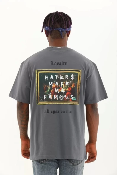 Unisex Oversize Baskılı Bisiklet Yaka T-Shirt - Füme - Resim 5