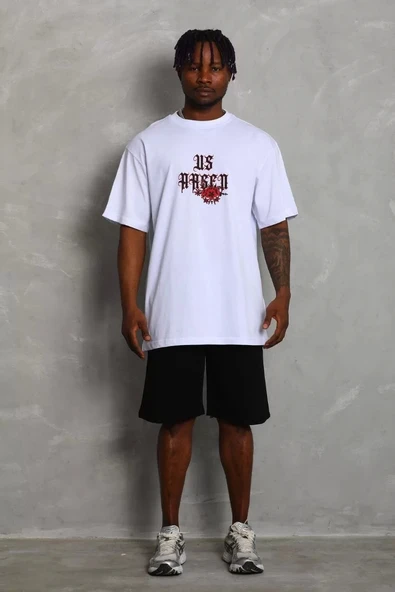 Unisex Oversize Baskılı Bisiklet Yaka T-Shirt - Beyaz - Resim 5