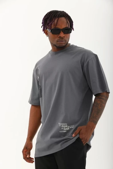 Unisex Oversize Baskılı Bisiklet Yaka T-Shirt - Füme - Resim 2