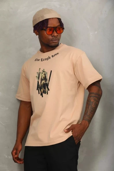 Unisex Oversize Baskılı Bisiklet Yaka T-Shirt - Bej ürün görseli 1