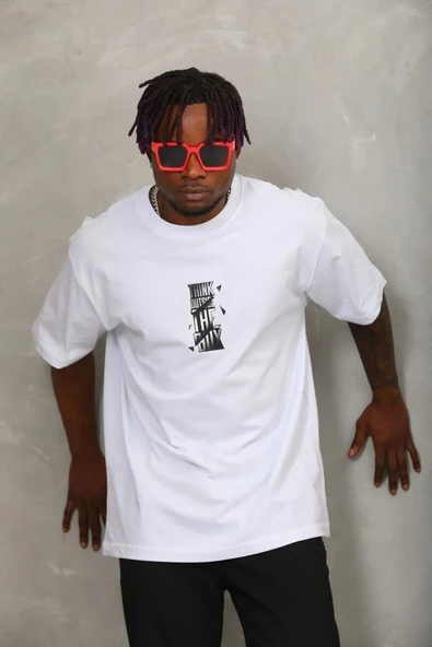 Unisex Oversize Baskılı Bisiklet Yaka T-Shirt - Beyaz - Resim 3