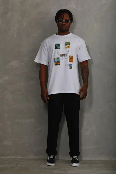 Unisex Oversize Baskılı Bisiklet Yaka T-Shirt - Beyaz - Resim 4