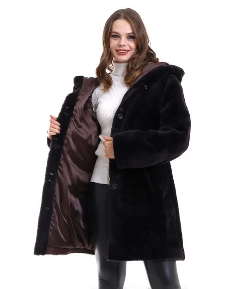 Kadın Reks Kapüşonlu - Kahverengi - 4