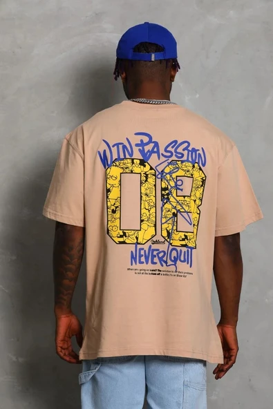 Unisex Oversize Baskılı Bisiklet Yaka T-Shirt - Bej - Resim 5