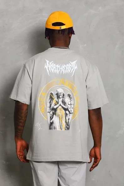 Unisex Oversize Baskılı Bisiklet Yaka T-Shirt - Gri - Resim 5