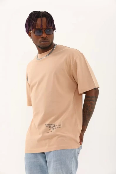 Unisex Oversize Baskılı Bisiklet Yaka T-Shirt - Bej ürün görseli 1