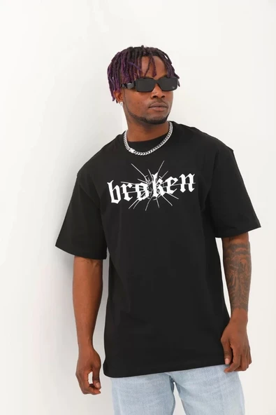 Unisex Oversize Baskılı Bisiklet Yaka T-Shirt - Siyah ürün görseli 1