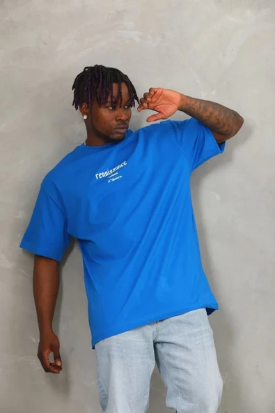 Unisex Oversize Baskılı Bisiklet Yaka T-Shirt - Mavi - Resim 3