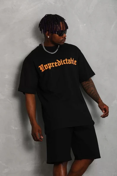 Unisex Oversize Baskılı Bisiklet Yaka T-Shirt - Siyah - Resim 2