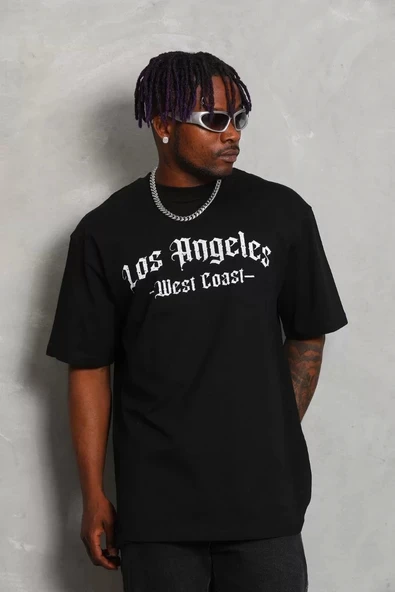 Unisex Oversize Baskılı Bisiklet Yaka T-Shirt - Siyah - Resim 4