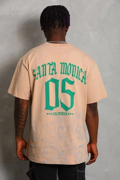 Unisex Oversize Baskılı Bisiklet Yaka T-Shirt - Bej - Resim 5