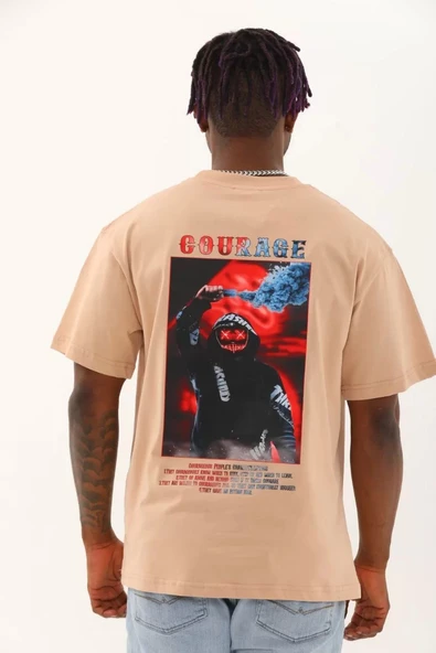 Unisex Oversize Baskılı Bisiklet Yaka T-Shirt - Bej - Resim 4