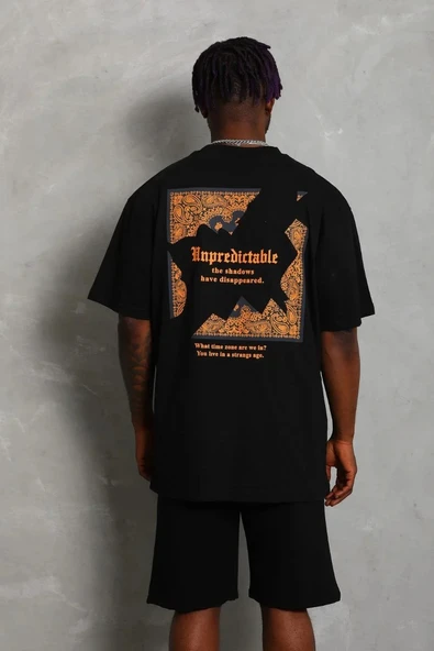 Unisex Oversize Baskılı Bisiklet Yaka T-Shirt - Siyah - Resim 5