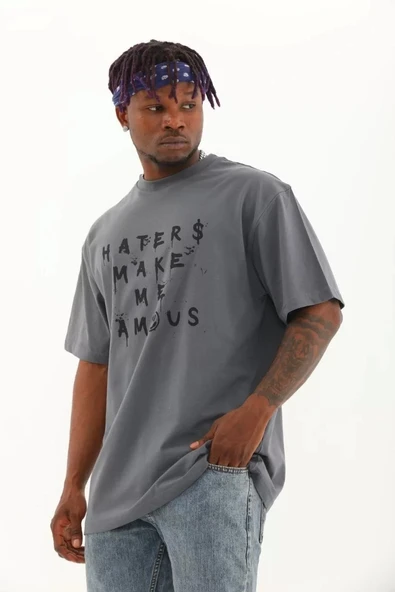 Unisex Oversize Baskılı Bisiklet Yaka T-Shirt - Füme ürün görseli 1