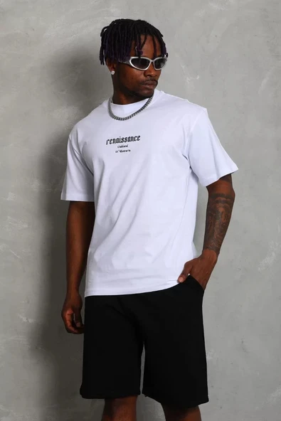 Unisex Oversize Baskılı Bisiklet Yaka T-Shirt - Beyaz ürün görseli 1