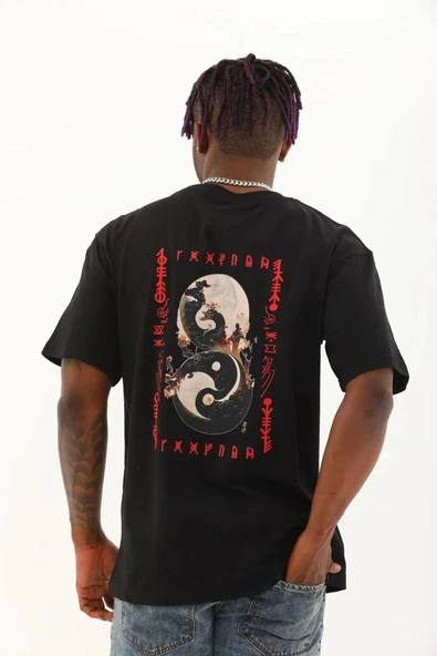 Unisex Oversize Baskılı Bisiklet Yaka T-Shirt - Siyah - 4
