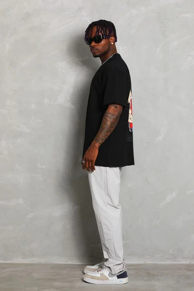 Unisex Oversize Baskılı Bisiklet Yaka T-Shirt - Siyah - Resim 4