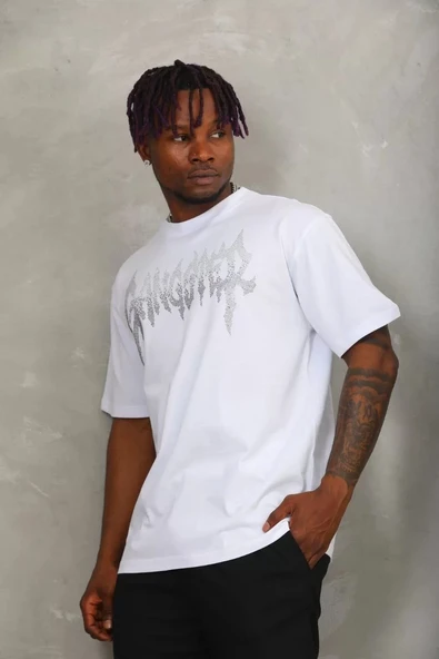 Unisex Oversize Taşlı Bisiklet Yaka T-Shirt - Beyaz - Resim 3