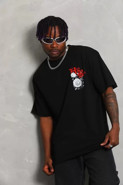Unisex Oversize Baskılı Bisiklet Yaka T-Shirt - Siyah - 3