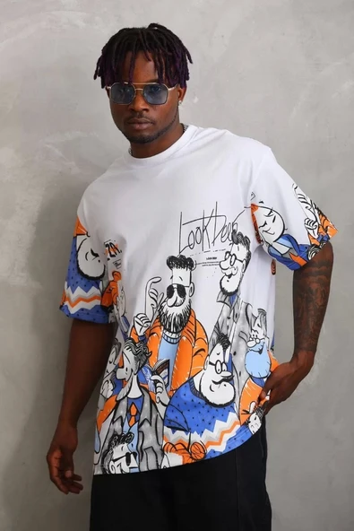 Unisex Oversize Baskılı Bisiklet Yaka T-Shirt - Beyaz - Resim 7