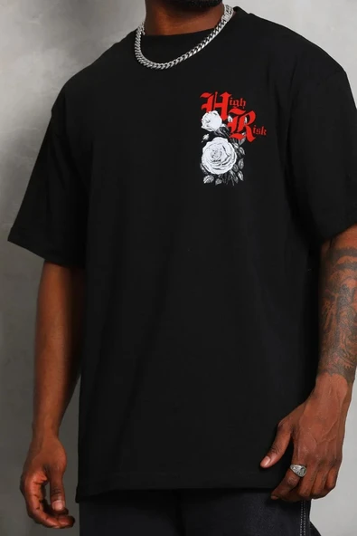 Unisex Oversize Baskılı Bisiklet Yaka T-Shirt - Siyah - 2
