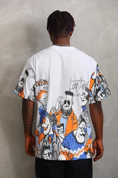 Unisex Oversize Baskılı Bisiklet Yaka T-Shirt - Beyaz - Resim 2