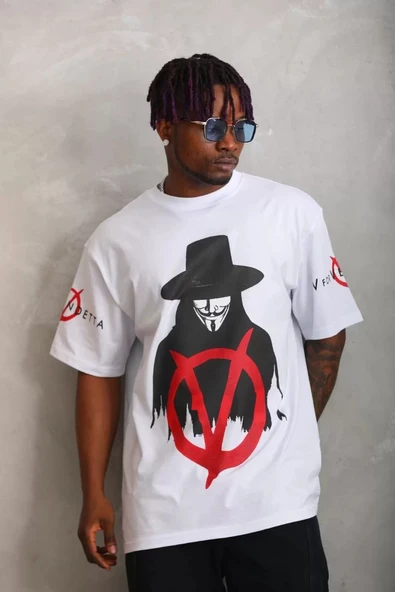 Unisex Oversize Baskılı Bisiklet Yaka T-Shirt - Beyaz - Resim 3