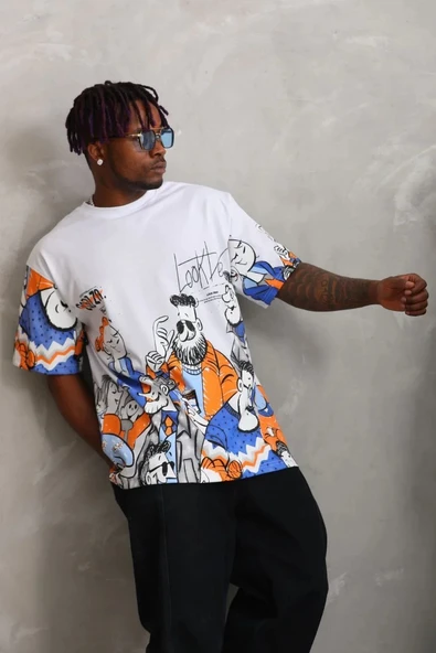 Unisex Oversize Baskılı Bisiklet Yaka T-Shirt - Beyaz - Resim 4