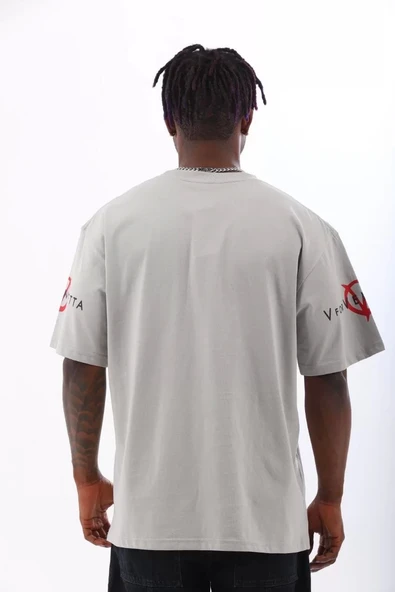 Unisex Oversize Baskılı Bisiklet Yaka T-Shirt - Gri - Resim 4